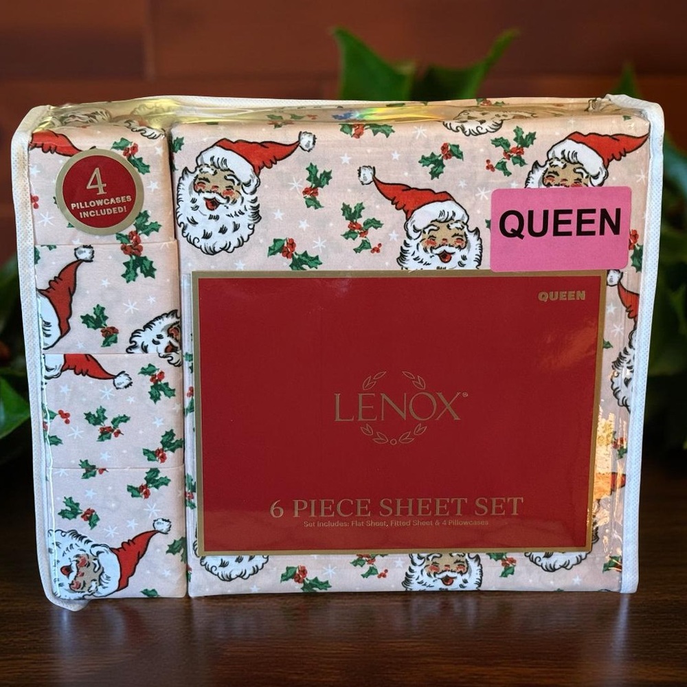 Lenox NWT Christmas Pink Santa & Holly Queen  6 Piece 100% Polyester Sheet Set